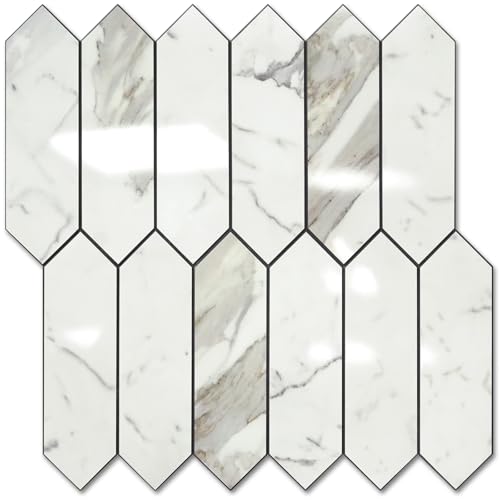 Vamos Tile Glossy Carrara White Backsplash Tile Peel and Stick, 12.8 x 12.8 Inch 10 Sheets Long Hexagon PVC Self Adhesive Mosaic Wall Tiles Stick on Backsplash for Kitchen and Bathroom - color: Glossy Carrara White with Dark Gray Grout