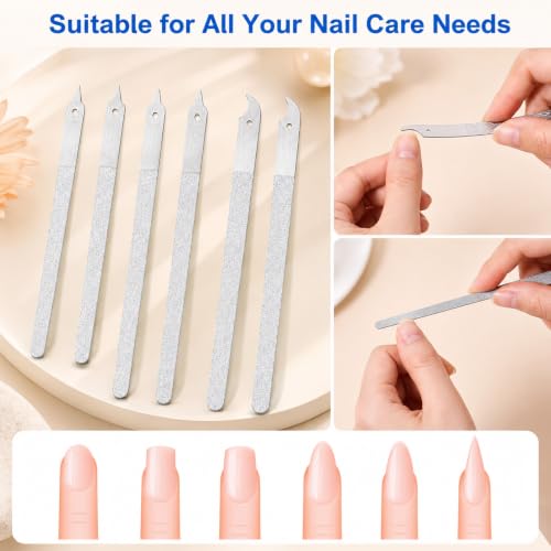 6 Pcs Stainless Steel Nail File Set, Professional Double Sided Metal Nail Files with Sharp Pointed Tip for Natural and Acrylic Nails, Heavy Duty Manicure Pedicure Tools for Thick Toenails (6 & 8 Inch)