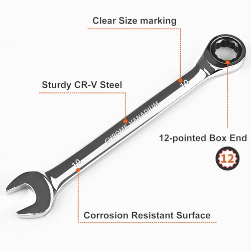 Egofine 8mm Wrench and 10mm Ratchet wrench, Metric Ratcheting Wrench Set, Industrial Grade Gear Spanner with 12 Point Box End, 72-Teeth Ratchet, Chrome Vanadium Steel - size: 8+10mm