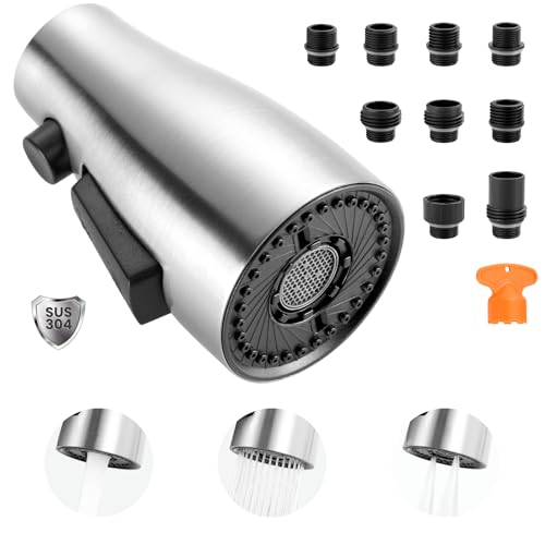 Metal Kitchen Faucet Spray Head Replacement 3 Modes with 9 Adapters - color: Brushed Nickel