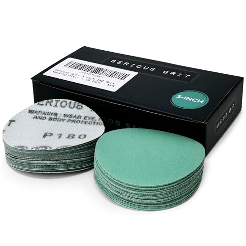 Serious Grit - 3-Inch P180 Grit Hook & Loop Sanding Discs - 50 Pack | For Woodturning, Drill Sanders, & More - No-Hole Heavy-Duty Hook & Loop Wet/Dry Film Sandpaper for Wood, Auto Body & Metal - style: 180 Grit