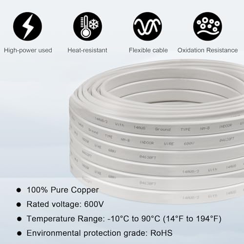 14/3 Wire with Ground - 10FT 14 Gauge NM-B Non-Metallic Sheathed Cable 100% Pure Copper 14 AWG 3 Conductor Residential Indoor Wire for Outlets, Switches, Other Loads and Lighting Wiring Projects etc. - size: 10FT, style: 14AWG/3