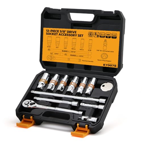 12-Piece 3/8" Drive Spark Plug Socket Set with Ratchet Handle, Universal Joint, Spark Plug Gapper & Extension Bar, 9/16", 5/8", 3/4", 13/16", 14mm, 18mm, CR-V Sockets with Rubber Holding Rings - size: 12-Piece Spark Plug Socket Set