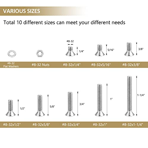 212 Pieces #8-32 x 1/4", 5/16", 3/8", 1/2", 5/8", 3/4", 1", 1-1/4", Countersunk Head Socket Cap Screws Nuts Washers Assortment Kit, 304 Stainless Steel, Fully Machine Thread - size: #8-32, style: Countersunk Head