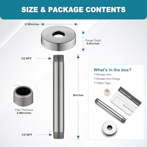BRIGHT SHOWERS Shower Arm with Flange for Rainfall Shower Head, 6 Inch Ceiling Mount Straight Arm, Replacement Extension Pipe, Heavy-Duty Stainless Steel, Rust-Resistant, 1/2" NPT, Brushed Nickel - color: Brushed Nickel, style: 6 Inch