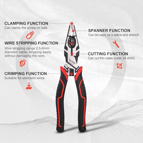 HAUTMEC Pro Wire Stripper Tool 8" Multifunctional Combination Linesman Pliers Cable Cutter Wire Strippers Electrical Terminal Crimping Tool Clamping Spanner High leverage Eccentric Design HT0321 - color: 8" Combination Pliers
