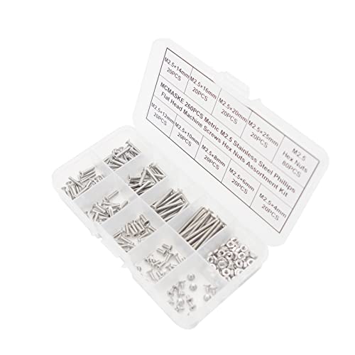 260PCS Metric M2.5 Stainless Steel Phillips Flat Head Machine Screws Hex Nuts Assortment Kit - size: M2.5