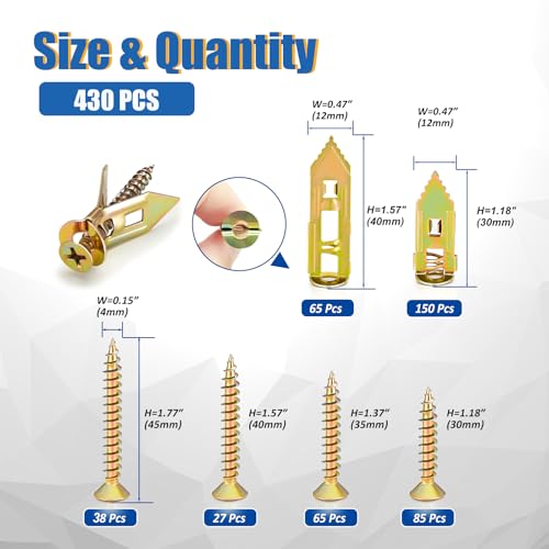 430Pcs 6 Sizes Drywall Anchors Heavy Duty Metal Expansion 66LB - size: 430Pcs 12*30&12*40
