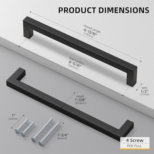 Goldenwarm 5 Pack 6-1/4 in Matte Black Cabinet Handles Square Drawer Pulls - color: Matte Black, size: 6 1/4 Inch Hole Center