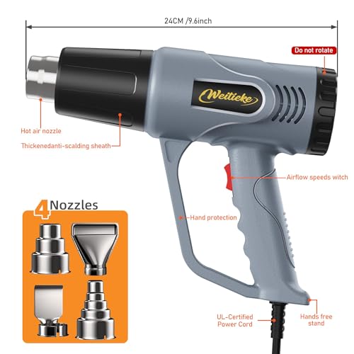 Heat Gun，572℉& 1112℉ Dual Temperature Control Heat gun', Overload Protection with 4 Nozzles for Crafting, hot air gun，Shrink Wrapping, Phone Repair, Epoxy Resin