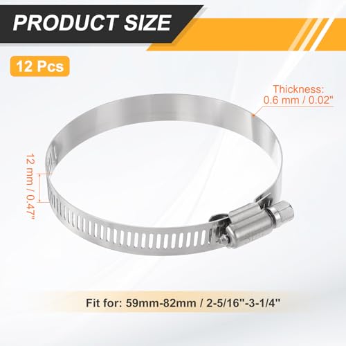 Generic 12 Pcs Hose Clamp 2-5/16"-3-1/4" (59-82mm) 304 Stainless Steel Adjustable Worm Gear Hose Clamp with Phillips Screw Assortment Kit for Fuel Line Pipe Plumbing Automotive Tube