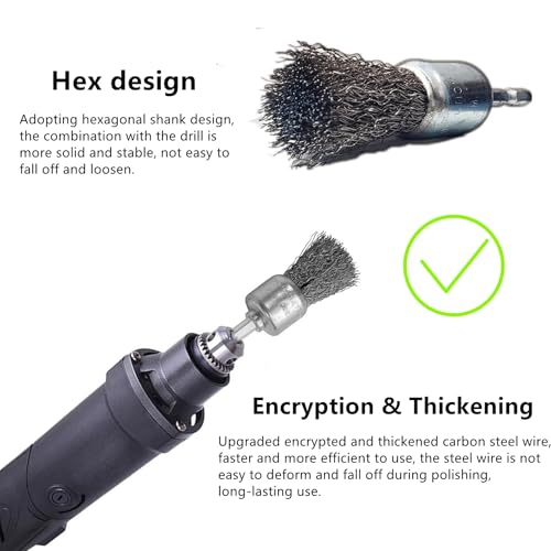 Abrasive Wire Pen Brush Set for Drill - 1/4 Inch Hex Shank 1 Inch Wire Pen Brush - Stainless Steel Crimped Carbon Steel Brush for Rust,Cleaning,Deburring,Removing Paint-4pcs
