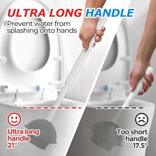 FORASTO 2Pack 2 in 1 Toilet Brush and Plunger Set,Clean Gloves, Extended Handle Plunger，Toilet Bowl Brush Plunger Set,Bathroom Cleaning Tools,Toilet Brush Plunger Combo,Cleaning Brush(Light Grey) | 21", Cleaning Gloves, Heavy Duty Rubber Toilet Bowl Clean