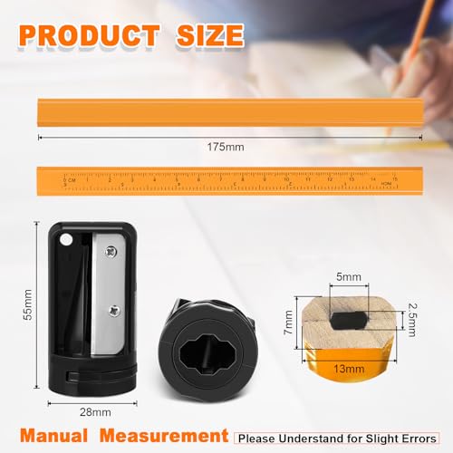 Honoson 200 Pcs Flat Construction Pencils with Printed Ruler Wood Graphite 2 Pcs Carpenter Pencil Sharpener for Woodworking Marking Tool(Wood) - color: Wood