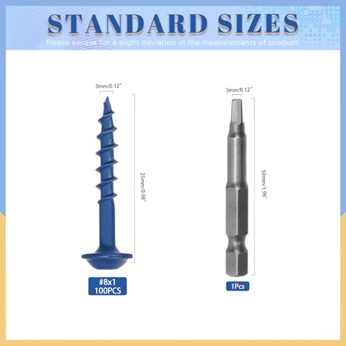 Glarks 100pcs #8 x 1’’ Pocket Hole Screws with Square Drill Bit Kit, Blue Coated Square Drive Wood Screws, Washer Head Coarse Thread Screw for Woodworking, Furniture - size: 100pcs 8x1
