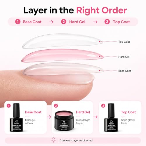 Beetles Hard Gel Nail Extension Kit, 3 Color Builder Gels & Half Cover Tips - color: Clear Nude Glitter Jelly Pink with Long Square Nail Tips 3 x 30 g