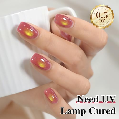 Double Rhythm Jelly Glass Cat Eye Gel Polish with Magnet 15ML Holographic Glitter Shimmer Translucent Sheer Color Magnetic Nail Polish Salon DIY at Home (Navy Purple-MC1266) - color: Aurora Golden Pink