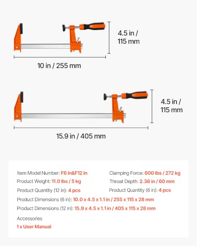 VEVOR Bar Clamps for Woodworking, 8-Pack, 6" and 12" F Clamps, 600 lbs Load Limit, with Plastic Pad and Self-Locking Design, Malleable Iron and Carbon Steel, for Wood Working and Metal Working - size: 12"& 6" (8 Pack), style: Medium-Duty