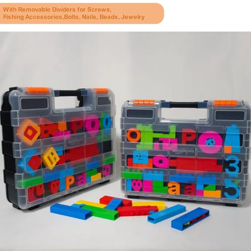 Double Side Tools Organizer, Plastic Tool Box, 34-Compartment, Double Side Storage Case Tools Box with Removable Dividers for Screws, Fishing Accessories,Bolts, Nails, Beads, Jewelry & More