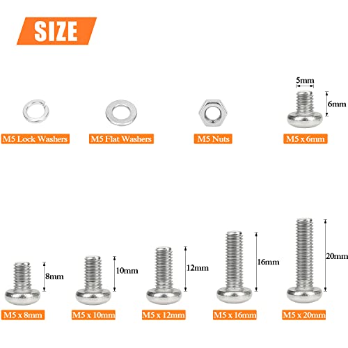HELIFOUNER 210 Pieces M5 x 6mm /8mm /10mm /12mm /16mm /20mm, Phillips Pan Head Machine Screws, Metric Screws Bolts Washers Nuts Kit, 304 Stainless Steel - size: M5