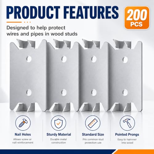 200 PCS Nail Plates for Wood Studs, 2.5 x 1.5 In Nail Guards for Wood Studs | Steel Stud Guard Plates with Sharp Prongs, Cable and Pipe Protectors for Electrical Wiring, Plumbing and HVAC Lines