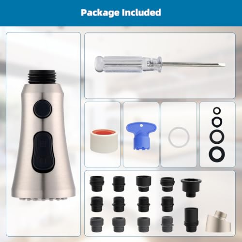 Hibbent Pull Down Kitchen Faucet Head Replacement with 15 Adapters - color: Brushed Nickel, style: Stay on sprayer without hold button