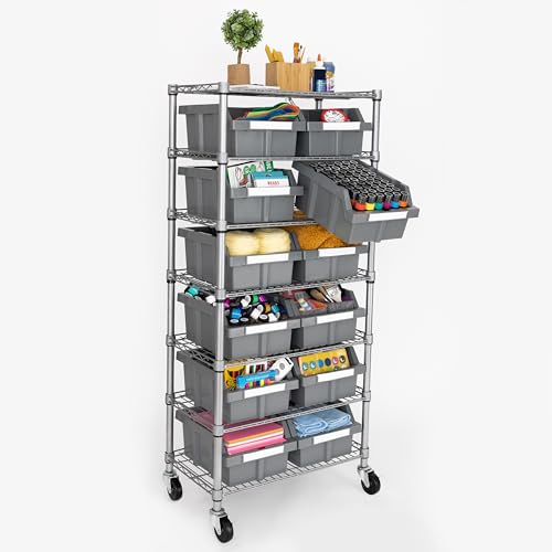 7-Tier NSF 12-Bin Steel Wire Shelving Rack, 25"W x 14"D x 56"H, Gray | 12 slide-out bins with tilt-lock design keep supplies organized and accessible - color: Gray, size: Includes 12 Bins