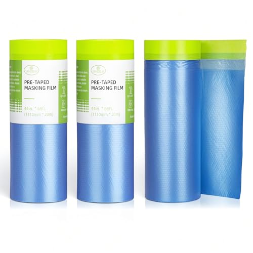 Tangibay Pre-Taped Masking Film for Painting - 44" x 66' Painters Plastic Sheeting with Automotive Paint Tape and Drape for Covering Cars, Walls, Windows and Furniture Protection (3 Rolls) - size: 3 Rolls: 44"