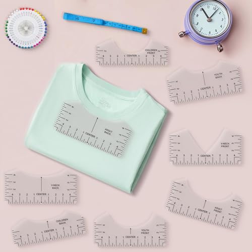 Tshirt Ruler Guide Vinyl Alignment, Transparent V-Neck/Round PVC Ruler for Alignment, Designs Pocket Logo, Fit for Heat Press, Alignment, Children Youth Adult, Front and Back Measurement
