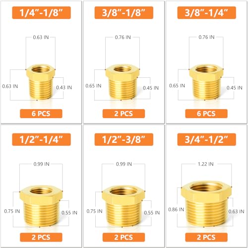 GASHER 20PCS Brass Hex Bushing Fitting Kit - 1/4" - 1/8", 3/8" - 1/4", 1/2" - 3/8", 3/4" - 1/2" - style: Hex Bushing Kit（20Pcs）