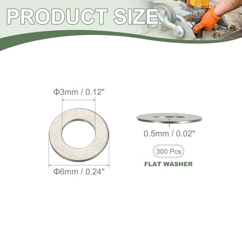 Flat Washers, 304 Stainless Steel Hardware Assorted Washer, 6 x 3 x 0.5 mm Fit for Bolts Screws Industrial Use (300 Pack, Silver) - size: 6 x 3 x 0.5 mm