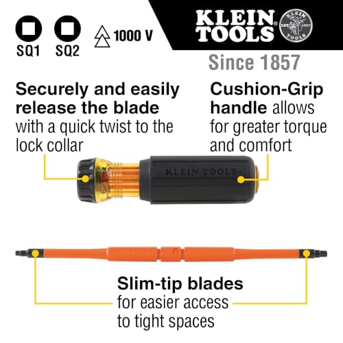 Klein Tools 32287 Insulated Screwdriver, 2-in-1 Screwdriver Set with Flip Blade, #1 and #2 Square Tips, Double-Ended Blades - size: #1 SQ + #2 SQ