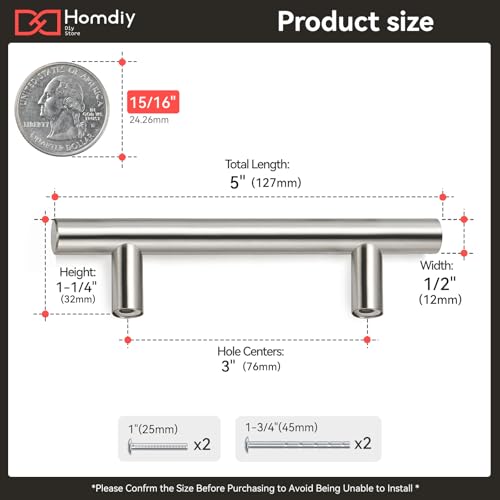 homdiy 10 Pack Brushed Nickel Cabinet Pulls 3 Inch Kitchen Cabinet Handles Stain Steel Cabinet Hardware for Kitchen and Bathroom Cabinets, 5 Inch Overall Drawer Pull - color: Brushed Nickel, size: 3in hole centers