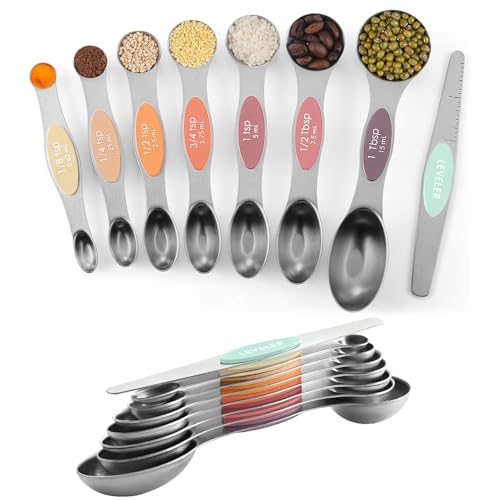 ChefAide Set of 8 Magnetic Measuring Spoons, Stainless Steel, Dual Sided - color: Multicolor-3, size: Magnetic Measuring Spoons