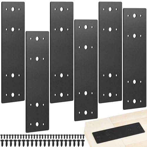 Tandefio 6 Pcs 10" x 3" Straight Steel Flat Plates Black Metal Mending Plate with Hole Fixing Joining Bracket with 72 Pcs Screws for Wood Furniture, Repair House, Pavilion, Truss Framing