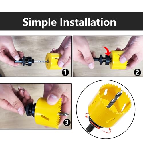 9 pcs M3 Bi-Metal Hole Saw Set, High Speed Steel Hole Saw Kit with 7/8"-2-7/8" (22-73mm) 6 pcs Hole Saw Blades, Boxed with Arbor, Drill Bit, Hex Wrench, Suitable for Metal, Wood, Plastic - color: Yellow