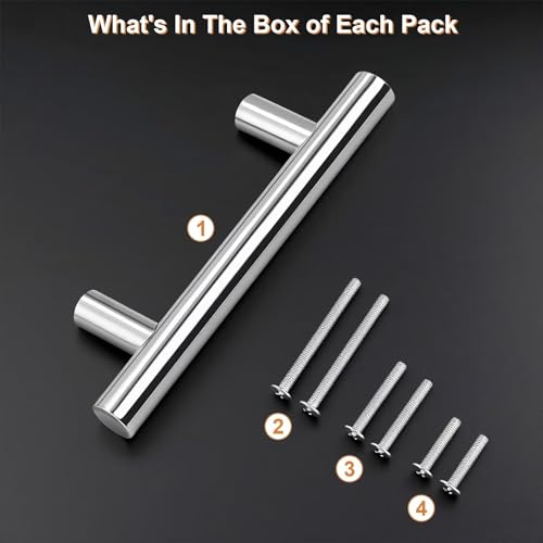 Probrico 30 Pack Hole Centers (76mm) 3inch Polished Chrome Kitchen Cabinet Handles Stainless Steel Polished Chrome Cabinet Pulls Round T Bar Pull Handle for Cabinets and Drawers Total Length 5inch - color: Polished Chrome, size: Hole Centers: 3"
