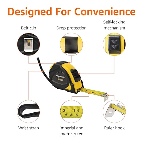 Amazon Basics Self-Locking Tape Measure, 25ft (8-meters), Accurate Dual Scale inch/metric, MID Accuracy, Extendable, 2-Pack, Yellow - color: Yellow, size: 7.6 m