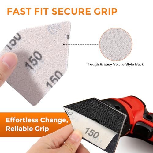 POLIWELL Silicon Carbide Sandpaper 50PCS 90mm x 65mm Triangle Sanding Sheets Hook & Loop 150 Grit Replace Milwaukee M12 Orbital Detail Sander for Wood Finishing, Detail Sanding - size: 150 Grit
