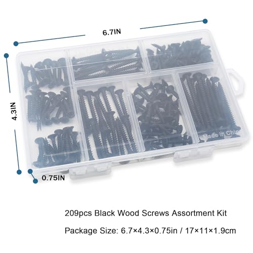 209PCS Black Wood Screw Assortment Kit, 6 Sizes Flat Head Phillips