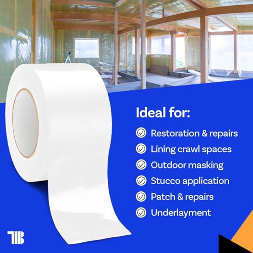 Vapor Barrier Tape - 4 inch x 180' Roll, Made in USA, White Polyethylene Tape for Crawl Spaces & Moisture Barriers, Waterproof Seal & Seam Tape for Underlayment, Insulation, and Plastic Liners
