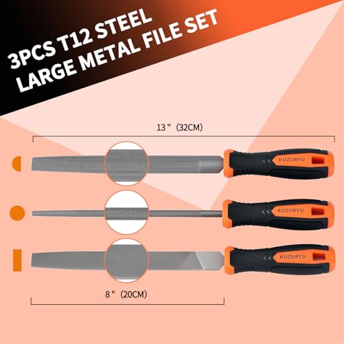 KUZURYU 3-Piece File Set for Metal | Includes Flat/Half-Round/Round | T12 High Carbon Steel Files | 8" Rasp Kit for Home Repair, Workshop & Industrial Use - size: Metal File - 3 pcs