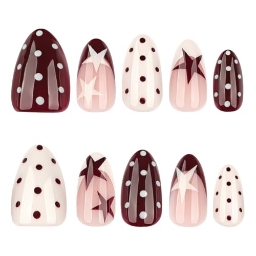Short Almond Press On Nails Red White with Y2K Star Polka Dot - color: Style20