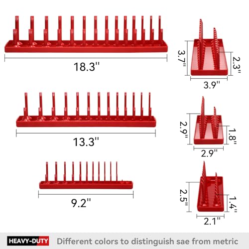 AIUITIO 6PCS Socket Organizer Tray Set, Red SAE & Black Metric Socket Storage Trays, 1/4-Inch, 3/8-Inch & 1/2-Inch Drive Deep and Shallow Socket Holders for Toolboxes - size: 170 Socket Capacity
