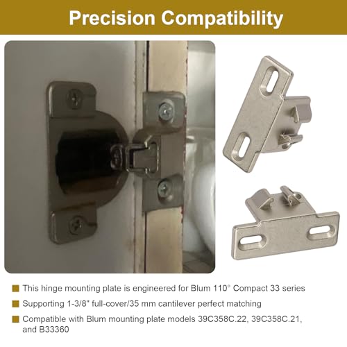 Hinge Mounting Plate Replacement for Blum 1 3/8" Overlay 110 Degree Compact 33 Edge, Edge Mount Plates for Blum Face Frame Overlay Hinge, Hinges for Cabinet Doors, Self Closeing Hinges