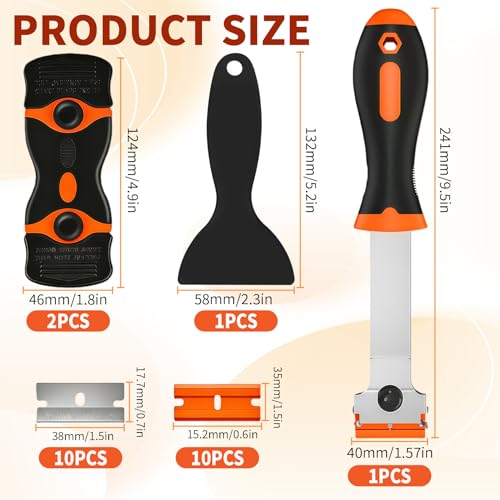 Razor Blade Scraper Tool -4 Pack Cleaning scrapper with 10 Metal & 10 Plastic Razor Blades Multi-Purpose Glass Scraper for Windows, Sticker, Decals, Cooktop, Paint Removal,Stovetop(Orange)