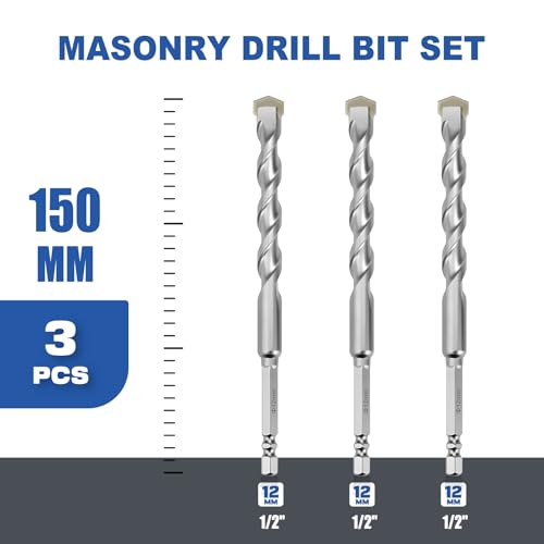 3 Pack 1/2"(12mm) Hex Shank Hammer Drill Masonry Drill Bits, 6" Length - size: 1/2" x 6" ( 12x150mm ), style: 3 Pieces