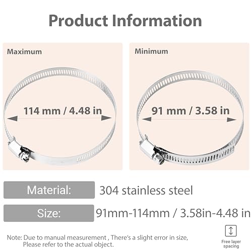 4-1/2 Inches Hose clamps, 304 Stainless Steel Worm Gear Hose Clamps,10 Pcs Fuel Line Pipe Clamps - size: 3.5 in - Φ91~114 mm