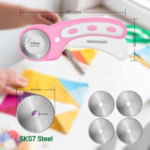 45mm Rotary Cutter and Mat Set, Fabric Cutter Wheel and 12x18 Inch Self Healing Sewing Cutting Mat, Fabric Rotary Cutter with 5pcs Rotary Blades for Quilting Patchworking Crafts, Pink - color: Pink