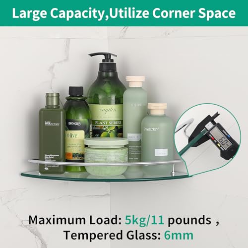 2 Ties Glass Corner Shelf with SUS 304 Stainless Steel Rail Chrome Finished, Esquinero para baños, Rustproof Tempered Glass Shelf, Shower Caddy Organizer 9.5" x 9.5" - size: 2 PACK With Rail